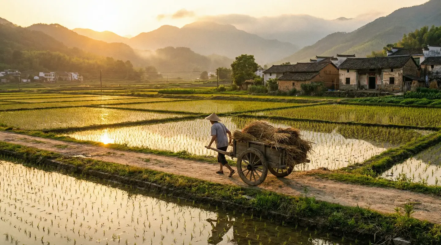 朝比奈茉里菜 - 金色夕阳下的乡村田野，老农推着木车行走在田埂上